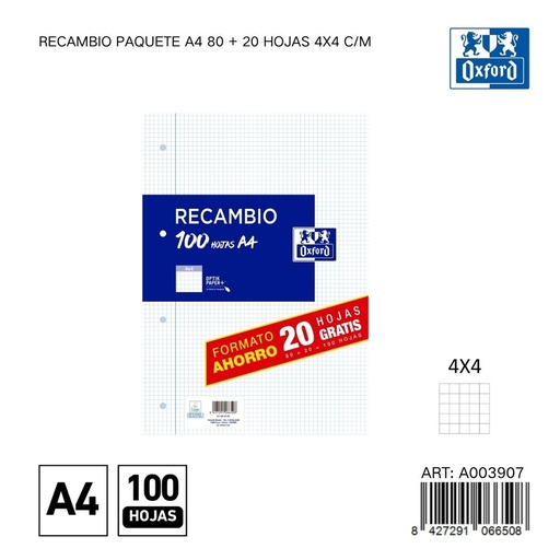[A003907] Recambio Oxford A4 100 hojas 4x4 - Papelería de marca