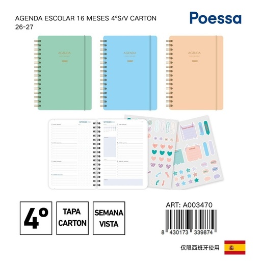 [A003470] Agenda escolar 16 meses 4º S/V en cartón - Material escolar y organización