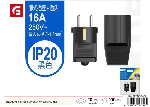 [170360482] Set enchufe y base Schuko 16A negro - Suministros eléctricos y switches