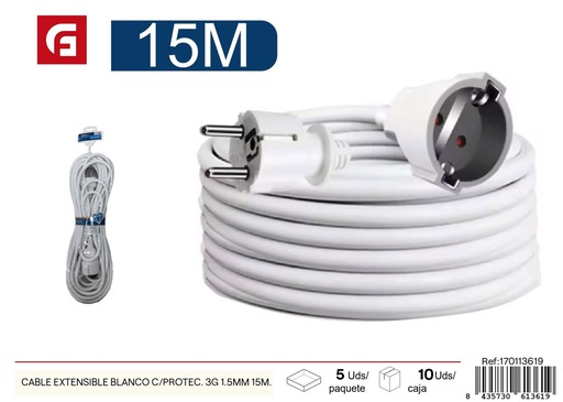 [170113619] Cable extensible blanco con protector 3G 1.5mm 15m - Accesorios eléctricos y alargadores