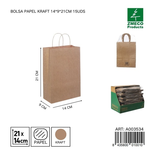 [A003534] Bolsa de papel kraft 15 unidades 14*9*21 cm - Envíos y embalajes 