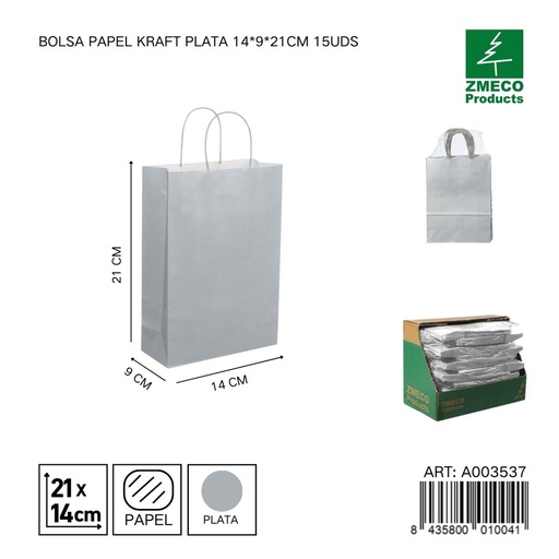 [A003537] Bolsa papel kraft plata 14x9x21 cm 15 uds - Embalaje y productos de papel