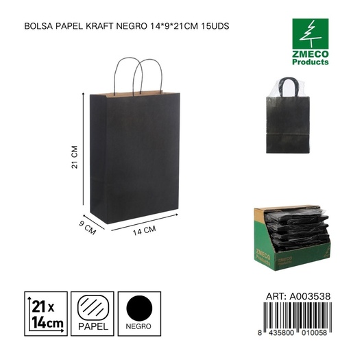 [A003538] Bolsa papel kraft negro 14x9x21 cm 15 uds - Embalaje y productos de papel