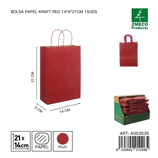 [A003539] Bolsa papel kraft rojo 14x9x21 cm 15 uds - Embalaje y productos de papel