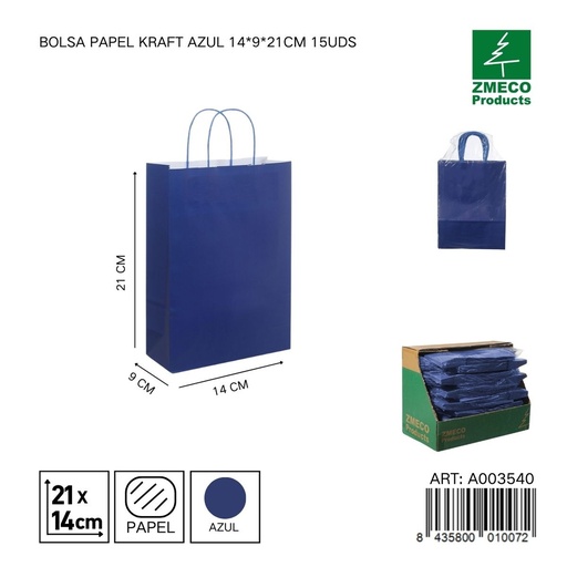 [A003540] Bolsa papel kraft azul 14x9x21 cm 15 uds - Embalaje y productos de papel