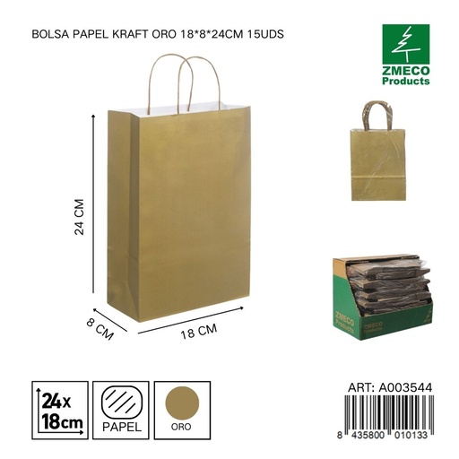 [A003544] Bolsa papel kraft oro 18x8x24 cm 15 uds - Embalaje y productos de papel