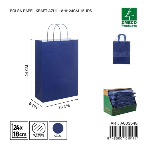 [A003548] Bolsa papel kraft azul 18x8x24 cm 15 uds - Embalaje y productos de papel