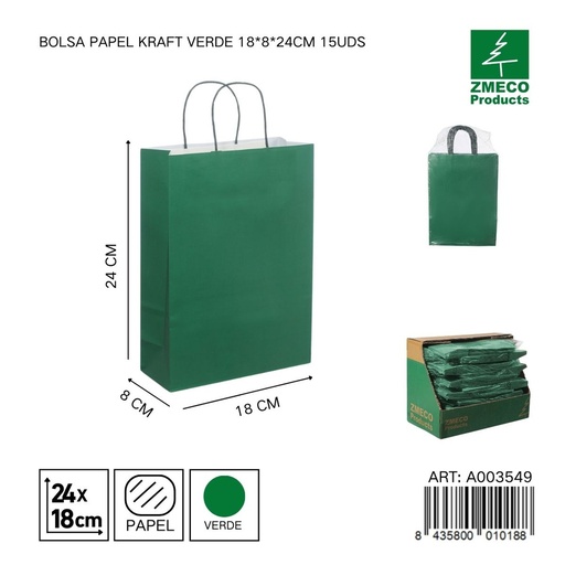[A003549] Bolsa papel kraft verde 18x8x24 cm 15 uds - Embalaje y productos de papel