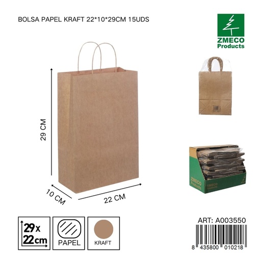 [A003550] Bolsa de papel kraft 15 unidades 22*10*29 cm - Envíos y embalajes 