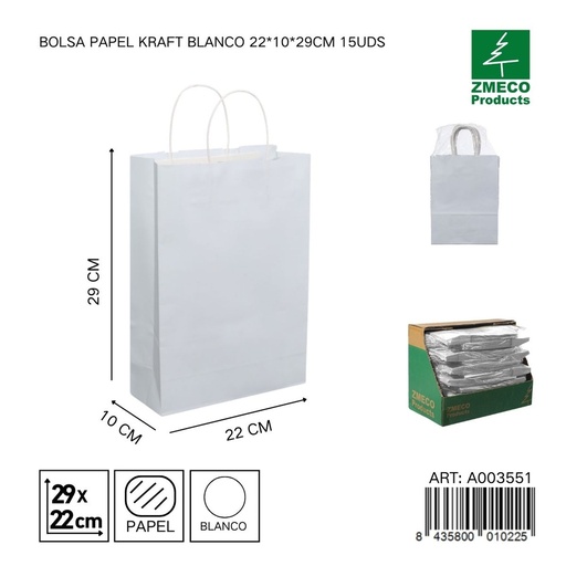 [A003551] Bolsa de papel kraft blanca 15 unidades 22*10*29 cm - Envíos y embalajes 