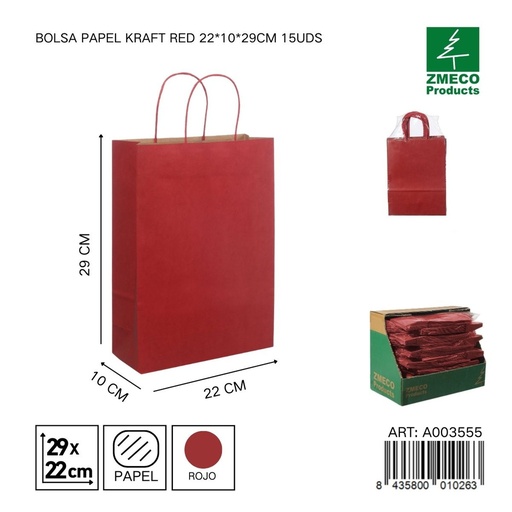 [A003555] Bolsa de papel kraft roja 15 unidades 22*10*29 cm - Envíos y embalajes 