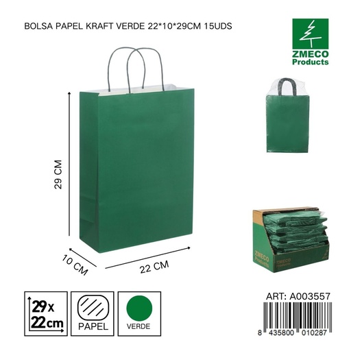 [A003557] Bolsa papel kraft verde 22x10x29 cm 15 uds - Embalaje y productos de papel