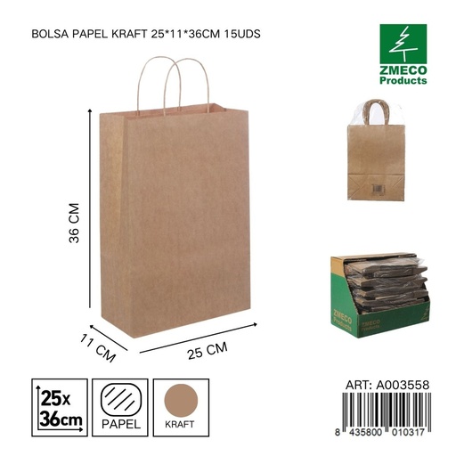 [A003558] Bolsa de papel kraft 15 unidades 25*11*36 cm - Envíos y embalajes 