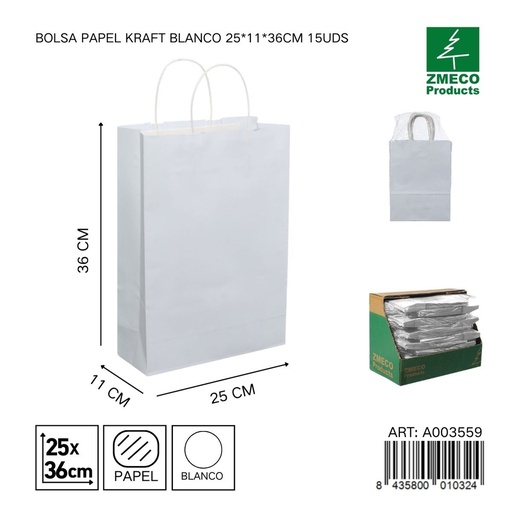 [A003559] Bolsa de papel kraft blanca 15 unidades 25*11*36 cm - Envíos y embalajes 