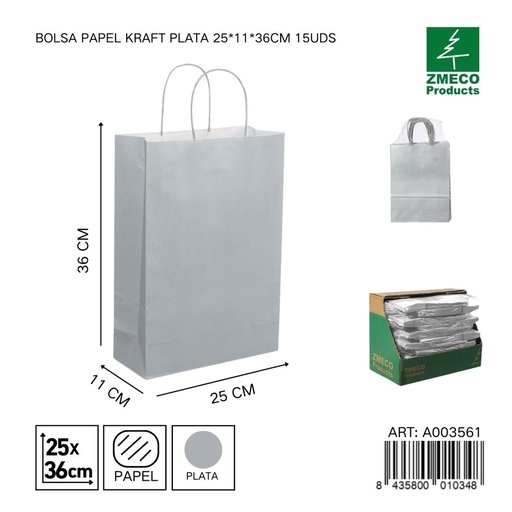 [A003561] Bolsa papel kraft plata 25x11x36 cm 15 uds - Embalaje y productos de papel