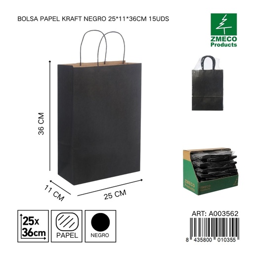 [A003562] Bolsa de papel kraft negro 25x11x36 cm 15 uds - Artículos de embalaje