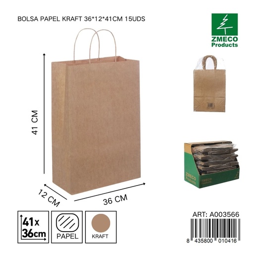 [A003566] Bolsa de papel kraft 15 unidades 36*12*41 cm - Envíos y embalajes 