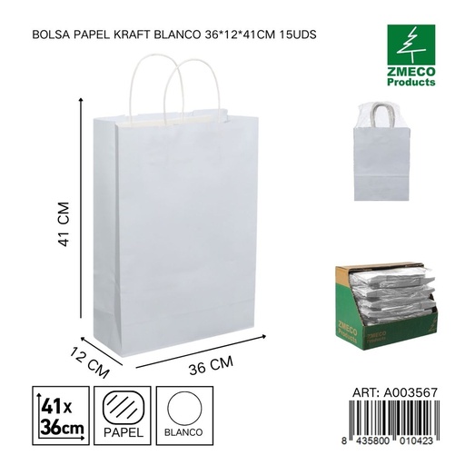[A003567] Bolsa papel kraft blanco 36x12x41 cm 15 uds - Embalaje y productos de papel