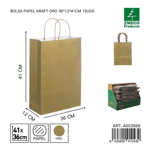 [A003568] Bolsa papel kraft oro 36x12x41 cm 15 uds - Embalaje y productos de papel