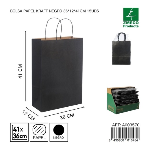 [A003570] Bolsa papel kraft negro 36x12x41 cm 15 uds - Embalaje y productos de papel