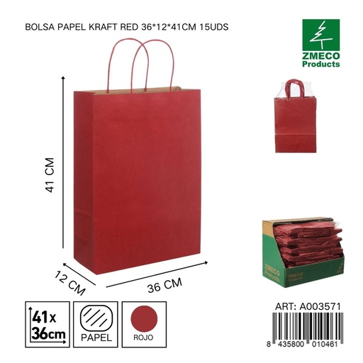 [A003571] Bolsa papel kraft rojo 36x12x41 cm 15 uds - Embalaje y productos de papel