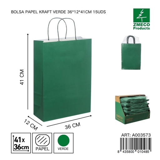 [A003573] Bolsa papel kraft verde 36x12x41 cm 15 uds - Embalaje y productos de papel