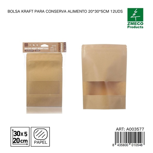 [A003577] Bolsa Kraft para alimentos 20x30x5 cm 12 uds - Productos desechables y menajes de cocina