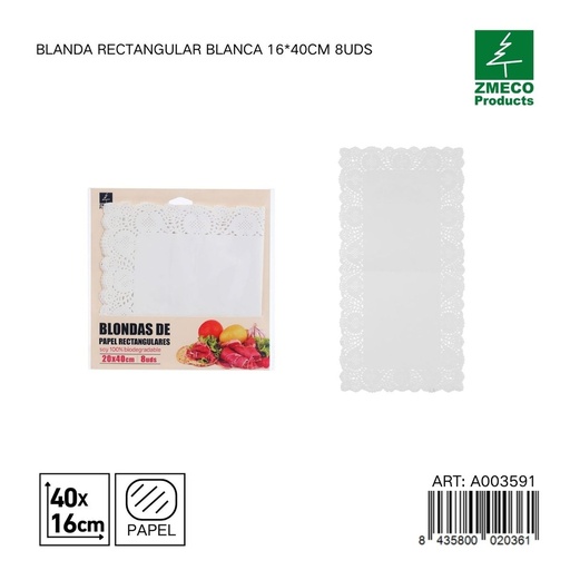 [A003591] Papel para tartas blando rectangular 16x40 cm 8 uds - Utensilios de repostería y horneado