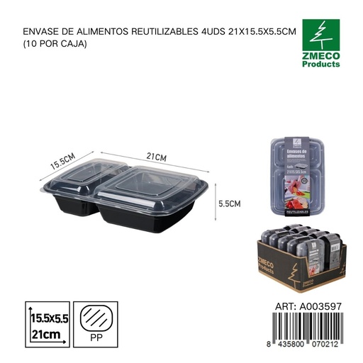 [A003597] Envase de alimento reutilizable 4 unidades 21X15.5X5.5 cm - Almacenamiento en cocina