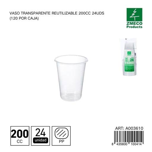[A003610] Vaso transparente reutilizable 200 cc - Paquete de 24 unidades