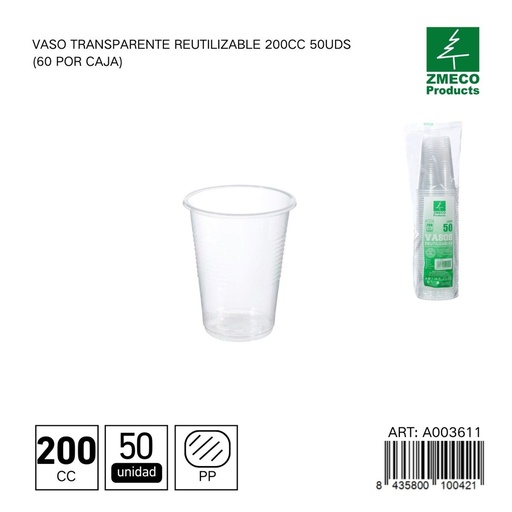 [A003611] Vaso transparente reutilizable 200 cc - Paquete de 50 unidades