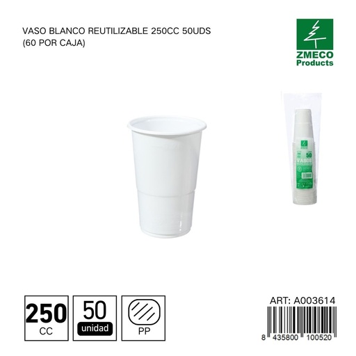 [A003614] Vaso blanco reutilizable 250 cc - Paquete de 50 unidades