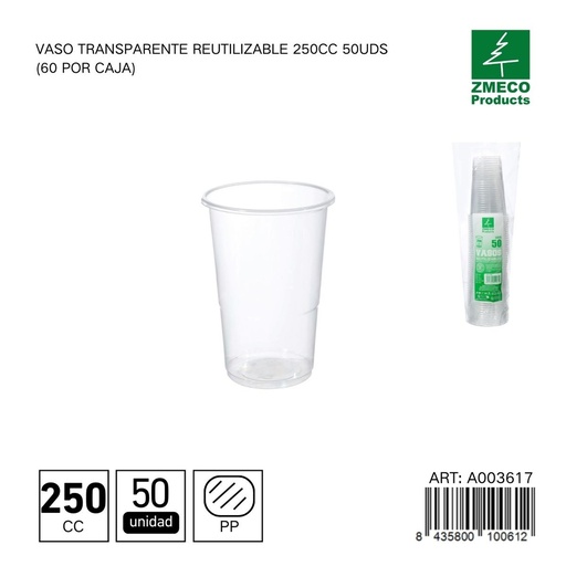 [A003617] Vaso transparente reutilizable 250 cc - Paquete de 50 unidades