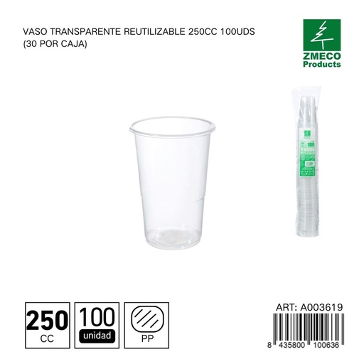 [A003619] Vaso transparente reutilizable 250 cc - Paquete de 100 unidades