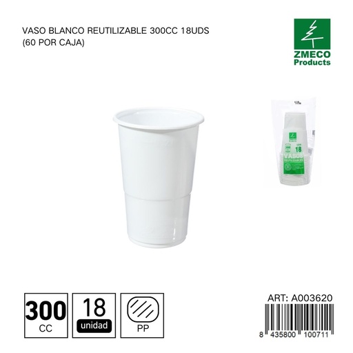 [A003620] Vaso blanco reutilizable 300 cc - Paquete de 18 unidades