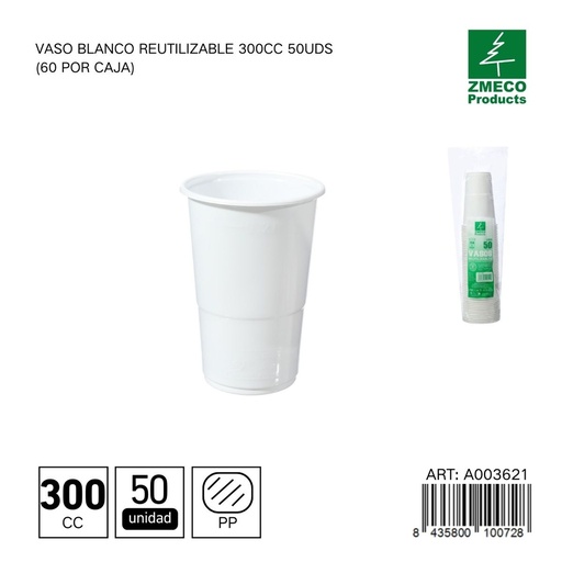 [A003621] Vaso blanco reutilizable 300 cc - Paquete de 50 unidades