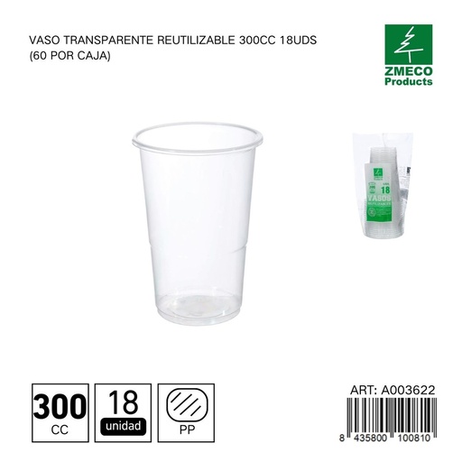 [A003622] Vaso transparente reutilizable 300 cc - Paquete de 18 unidades