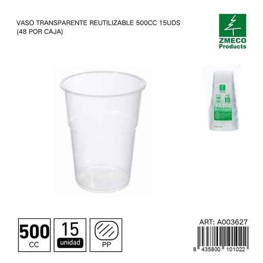 [A003627] Vaso transparente reutilizable 500 cc - Paquete de 15 unidades