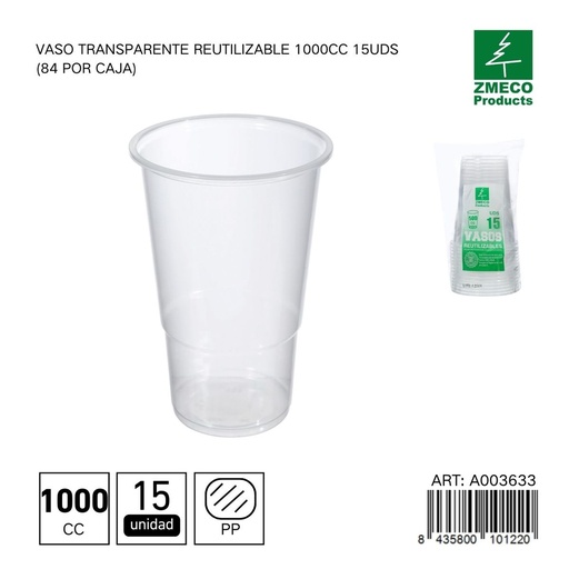 [A003633] Vaso transparente reutilizable 1000 cc - Paquete de 15 unidades