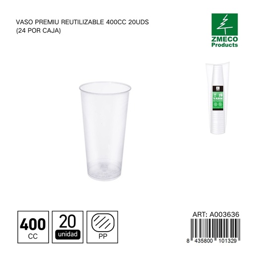 [A003636] Vaso premium reutilizable 400 cc - Paquete de 20 unidades