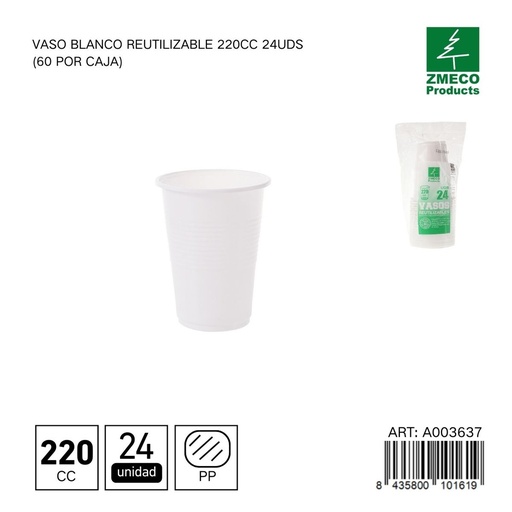 [A003637] Vaso blanco reutilizable 220 cc - Paquete de 24 unidades