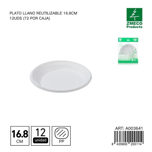 [A003641] Plato llano reutilizable 16.8 cm - Paquete de 12 unidades