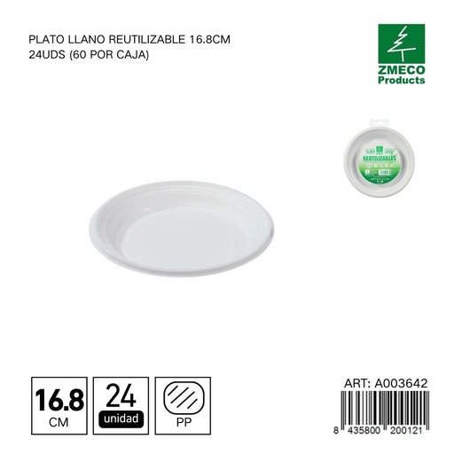 [A003642] Plato llano reutilizable 16.8 cm - Paquete de 24 unidades