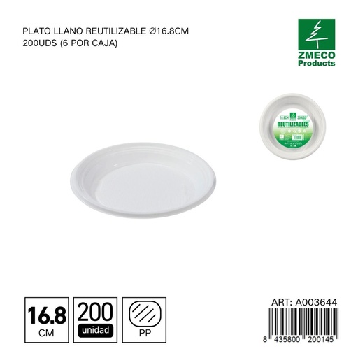 [A003644] Plato llano reutilizable 20.5 cm - Paquete de 200 unidades