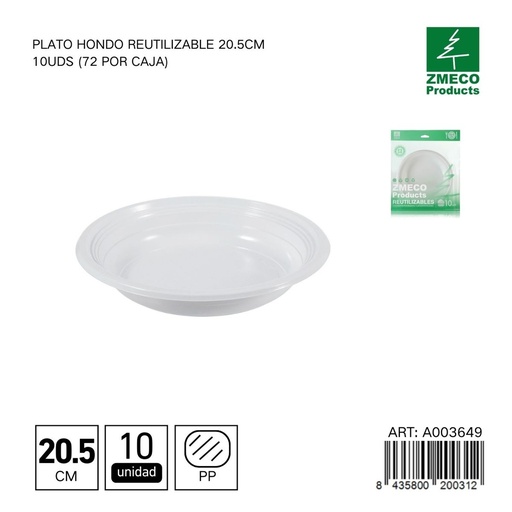 [A003649] Plato hondo reutilizable 20.5 cm - Paquete de 10 unidades