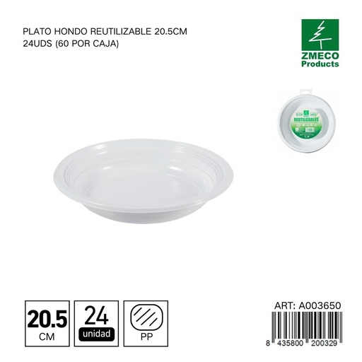 [A003650] Plato hondo reutilizable 20.5 cm - Paquete de 24 unidades