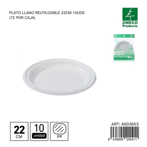 [A003653] Plato llano reutilizable 22cm 10 uds - Accesorios desechables para el hogar