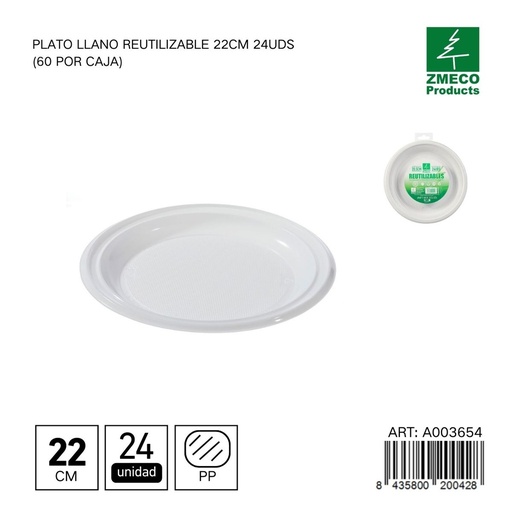 [A003654] Plato llano reutilizable 22 cm - Paquete de 24 unidades