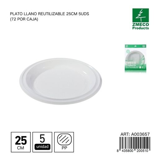 [A003657] Plato llano reutilizable 25 cm - Paquete de 5 unidades