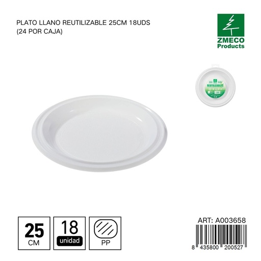 [A003658] Plato llano reutilizable 25 cm - Paquete de 18 unidades